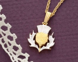 Scottish Thistle Pendant and Necklace, 2 Pound Scottish Issue coin Hand Cut, 14 Karat Gold and Rhodium plated, 5/8" in Diameter ( #R 138B )