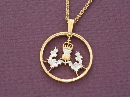 Scottish Thistle Pendant and Necklace, British 5 Pence (Scottish Issue ) Coin Hand Cut,14 K and Rhodium plated, 7/8" in Diameter, ( #R 137)