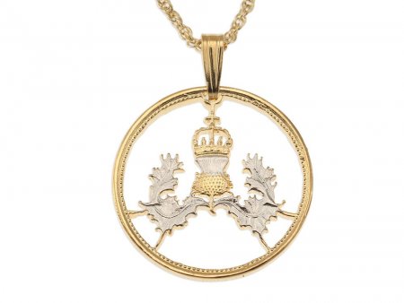 Scottish Thistle Pendant and Necklace, British 5 Pence (Scottish Issue ) Coin Hand Cut,14 K and Rhodium plated, 7/8" in Diameter, ( #R 137)
