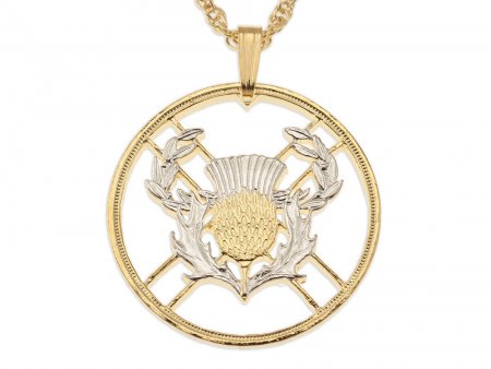 Scottish Thistle Pendant and Necklace,2 Pound (Scotish Issue) Coin Hand Cut, 14 Karat Gold and Rhodium plated, 1" in Diameter, ( # R138 )