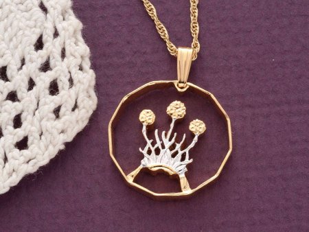 Scottish Thrift Plant Pendant/Necklace,British 3 Pence (Scottish Issue )Coin Hand cut,14 K and Rhodium plated, 3/4" in Diameter, ( #R 136 )