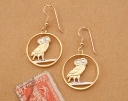 Screech Owl Earrings, Greek Two Draxmai Coin Hand Cut,14 K Gold and Rhodium plated, 7/8" in Diameter, 14K Gold Filled Wires, ( # 143E )