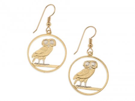 Screech Owl Earrings, Greek Two Draxmai Coin Hand Cut,14 K Gold and Rhodium plated, 7/8" in Diameter, 14K Gold Filled Wires, ( # 143E )