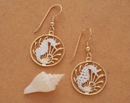 Seahorse Earrings, Singapore Ten Cents Seahorse Coin Hand Cut, 14 Karat Gold and Rhodium Plated, 3/4" in Diameter, ( # 295E )