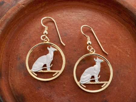 Siamese Cat Coin Earrings, Isle Of Man Cat Coin Hand Cut, 14 Karat Gold and Rhodium plated, 14 K G/F Wires 7/8" in Diameter, ( # 663E )