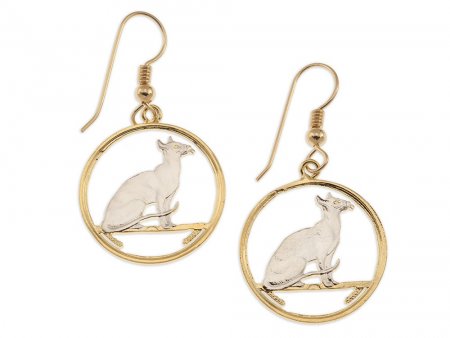 Siamese Cat Coin Earrings, Isle Of Man Cat Coin Hand Cut, 14 Karat Gold and Rhodium plated, 14 K G/F Wires 7/8" in Diameter, ( # 663E )