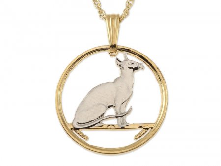 Siamese Cat Pendant and Necklace, Isle of Man Cat Coin hand cut, 14 K Gold and Rhodium plated, 1 1/2" in Diameter ( #R 395 )