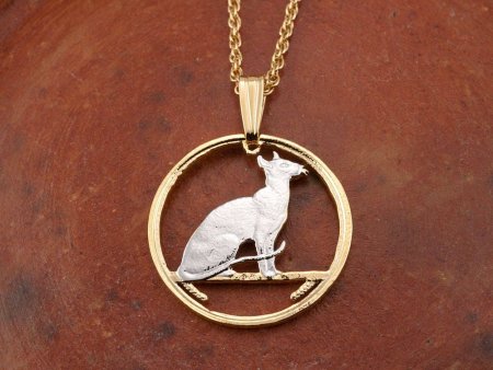 Siamese Cat Pendant and Necklace, Isle Of Man Cat Jewelry Hand Cut Coin ,14K and Rhodium Plated , 7/8 " in Diameter, ( #R 663 )