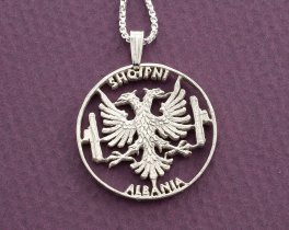 Silver Albanian Eagle Pendant and Necklace, Hand cut Albanian 10 Lex coin Pendant, Albanian Eagle Jewelry, 1 1/8" diameter, ( #X 929S )