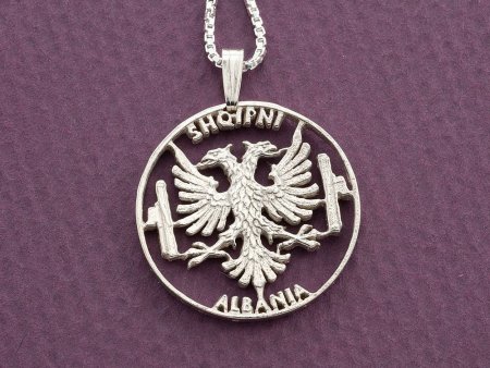 Silver Albanian Eagle Pendant and Necklace, Hand cut Albanian 10 Lex coin Pendant, Albanian Eagle Jewelry, 1 1/8" diameter, ( #X 929S )