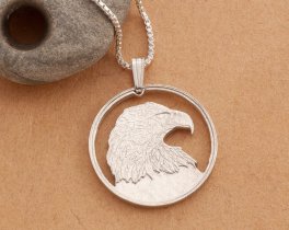 Silver Bald Eagle Pendant and Necklace, Hand cut Canadian Bald Eagle Coin, Sterling Silver Eagle Jewelry, 1" diameter, ( #X 736S )