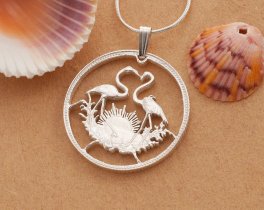 Silver Flamingos Pendant, Hand cut Bahamas Flamingo Coin pendant, Tropical Bird Jewelry, Bahamas Coin Jewelry,1 1/8" diameter, ( #K 506S )