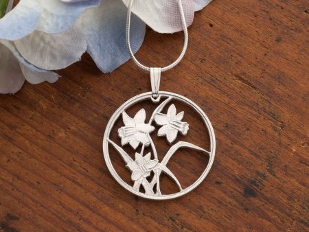 Silver Flower Daffodils Pendant and Necklace, Hand cut Canada Flower coin pendant, Silver Flower Jewelry, 1" diameter, ( #K 796S )
