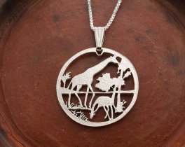 Silver Giraffe Pendant and Necklace, Hand cut Mozambique Giraffe Coin, African Wild Life Jewelry, 1 1/8" diameter, ( # 647S )