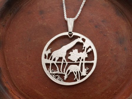 Silver Giraffe Pendant and Necklace, Hand cut Mozambique Giraffe Coin, African Wild Life Jewelry, 1 1/8" diameter, ( # 647S )