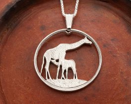 Silver Giraffe Pendant, Hand cut Zambia Giraffe coin pendant, Silver Wild Life Jewelry, 1 3/8" diameter, ( #X 883S )