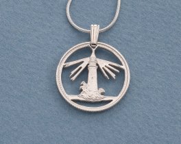 Silver Lighthouse Pendant and Necklace, Bahamas lighthouse coin pendant, Lighthouse Jewelry, Nautical Jewelry, 7/8" diameter, ( #K 728S )