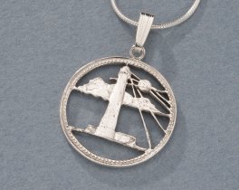 Silver Lighthouse Pendant , Sterling Silver Lighthouse Jewelry, Silver Nautical Jewelry, World Coin Jewelry, 3/4" diameter, ( #K 26s )