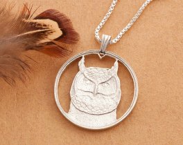 Silver Owl Pendant and Necklace, Hand cut Canadian Owl Coin, Sterling Silver Owl Jewelry, 1" diameter, ( #X 737S )