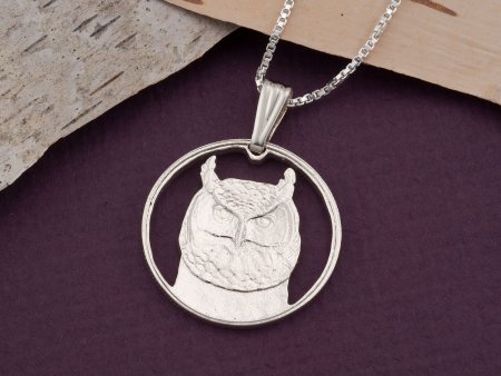 Silver Owl Pendant and Necklace, Hand cut Canadian Owl Coin, Sterling Silver Owl Jewelry, 1" diameter, ( #X 737S )