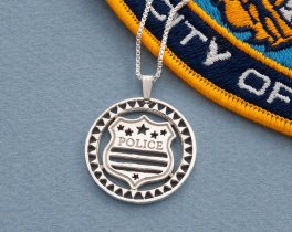 Silver Police Badge Pendant, hand cut Police Badge medallion, Law enforcement Jewelry, 1 1/8" diameter, ( #X 806S )