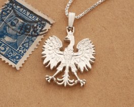 Silver Polish Eagle Pendant and Necklace, Hand cut Poland 10 Zlotch coin pendant, Silver Polish Eagle Jewelry, 1" in diameter, ( #X 256S )