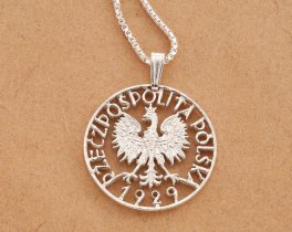 Silver Polish Eagle Pendant and Necklace, Hand cut Polish Eagle coin, Sterling Silver Polish Eagle Jewelry, 7/8" diameter, ( #X 257S )