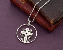 Silver Religious Cross Pendant, Hand cut religious cross medallion, 1 1/4" diameter, ( #X 875S )