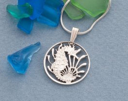 Silver Seahorse Pendant and Necklace, Hand cut Singapore coin pendant, Silver Sea Life Jewelry, Seahorse Jewelry, 5/8" diameter, ( #K 295S )