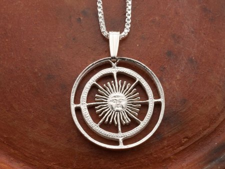 Silver Sun Pendant and Necklace, Hand cut Argentina Sun coin pendant, Silver Sun Face Jewelry, Mythical Jewelry 1" in diameter, ( #X 593S )