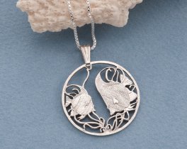 Silver Tropical Fish Pendant, Hand cut Tropical fish Coin Jewelry, Silver Sea Life Jewelry, 1 1/8" diameter  ( #X 644S )