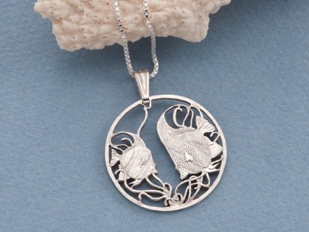 Silver Tropical Fish Pendant, Hand cut Tropical fish Coin Jewelry, Silver Sea Life Jewelry, 1 1/8" diameter  ( #X 644S )