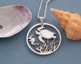 Silver Turtle pendant and necklace, Hand cut Costa Rican Turtle Coin pendant , Silver Sea Life Jewelry, 1 1/8" in diameter, ( #X 400S )
