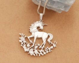 Silver Unicorn Pendant and Necklace, Sterling Silver Unicorn Jewelry, Hand Cut Unicorn Coin Jewelry, 1 1/8" in diameter, ( #X 462S )