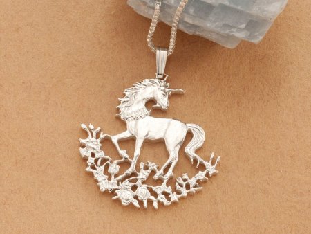 Silver Unicorn Pendant and Necklace, Sterling Silver Unicorn Jewelry, Hand Cut Unicorn Coin Jewelry, 1 1/8" in diameter, ( #X 462S )