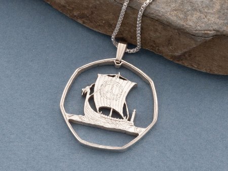 Silver Viking Ship Pendant, Hand cut Viking coin pendant, Silver Nautical Jewelry, Viking Jewelry, 1 1/8" diameter, ( #X 422S )