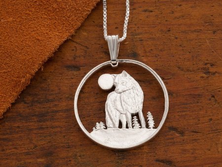 Silver Wolf Pendant and Necklace, Hand cut Canadian Wolf Coin, Silver Wolf Jewelry, 1 1/8" diameter, ( #X 925S )
