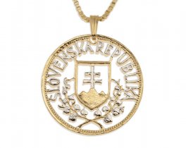 Slovakia Crest Pendant and Necklace, Slovakia 20 Korun coin Hand Cut, 14 Karat Gold and Rhodium plated, 1 1/8" in Diameter, ( #X 601 )