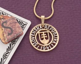 Slovakian Crest Pendant and Necklace, Slovakian One Koruna, coin hand cut, 14 Karat Gold and Rhodium plated, 3/4" in Diameter, ( # K602 )