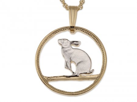 Snowshoe Rabbit Pendant and Necklace, Canadian 5 Cents coin Hand Cut, 14 Karat Gold and Rhodium Plated, 3/4" in Diameter, ( #R 50 )