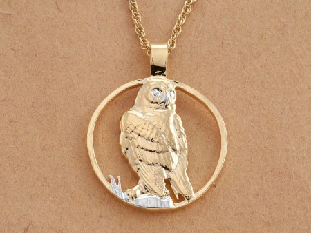 Snowy Owl Pendant and Necklace, Hand Cut Private Mint Medallion, 14 Karat Gold and Rhodium Plated, 1 1/8" in Diameter, ( #R 588 )