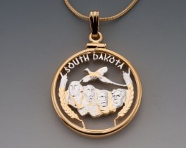 South Dakota State Quarter Pendant, Hand Cut United States South Dakota Quarter,14 K Gold and Rhodium Plated, 1" in Diameter, ( #K 2040 )