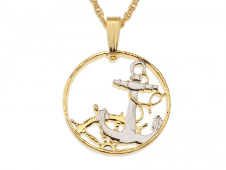 Spanish Anchor and Ships wheel Pendant and Necklace, Spanish Coin Hand Cut, 14 Karat Gold and Rhodium plated, 3/4" in Diameter, ( #R 279 )