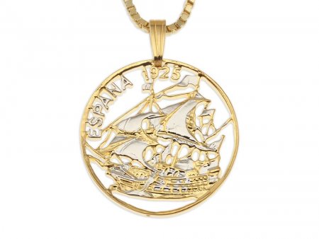 Spanish Ship Pendant and Necklace, Spain 25 Centimos Ship Coin hand Cut, 14 Karat Gold and Rhodium plated, 1" in Diameter, ( #R 810 )