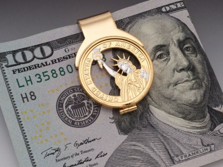 Statue Of Liberty Money Clip, Hand Cut United States One Dollar Money Clip, 14 Karat Gold Plated Money Clip,1" X 1 1/2", ( # GWBM )
