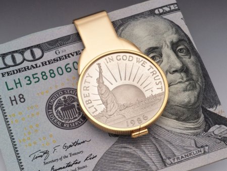 Statue Of Liberty Money Clip, United States Half Dollar Money Clip, 14 Karat Gold Plated Money Clip, 1 1/4"x 1 3/4", ( # SLUM )