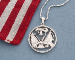 Sterling Silver Army Pendant and Necklace, Hand cut United States Army challenge coin, Military Jewelry, 1" in diameter, ( #X 756S )