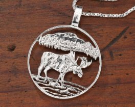 Sterling Silver Bull Moose Pendant, Hand Cut Canadian One Dollar Moose Coin, Wild Life Jewelry, 1" in Diameter, ( #X 419S )