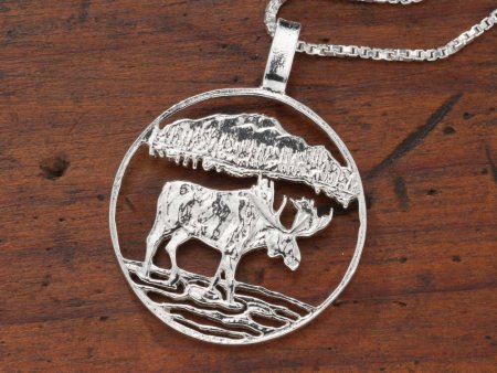 Sterling Silver Bull Moose Pendant, Hand Cut Canadian One Dollar Moose Coin, Wild Life Jewelry, 1" in Diameter, ( #X 419S )