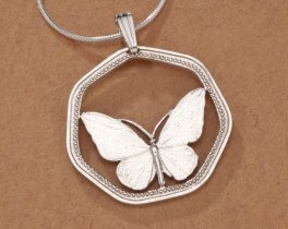 Sterling Silver Butterfly Pendant, Hand Cut New Guinea Butterfly Coin," in Diameter, ( #K 811S )